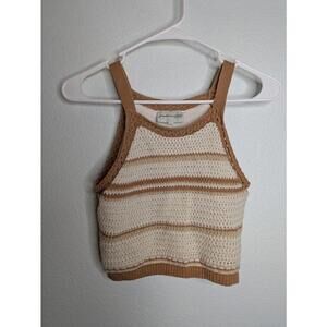 Freshman 1996 Crochet Knit Crop Tank Top Brown Cream Striped Women’s Size Small